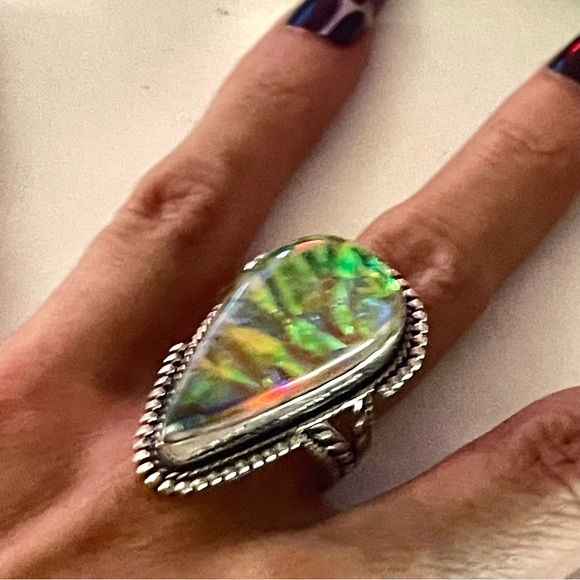 New 925 Sterling Silver Green Yellow Triplet Opalite Artisten Tear Drop Ring - Picture 10 of 17